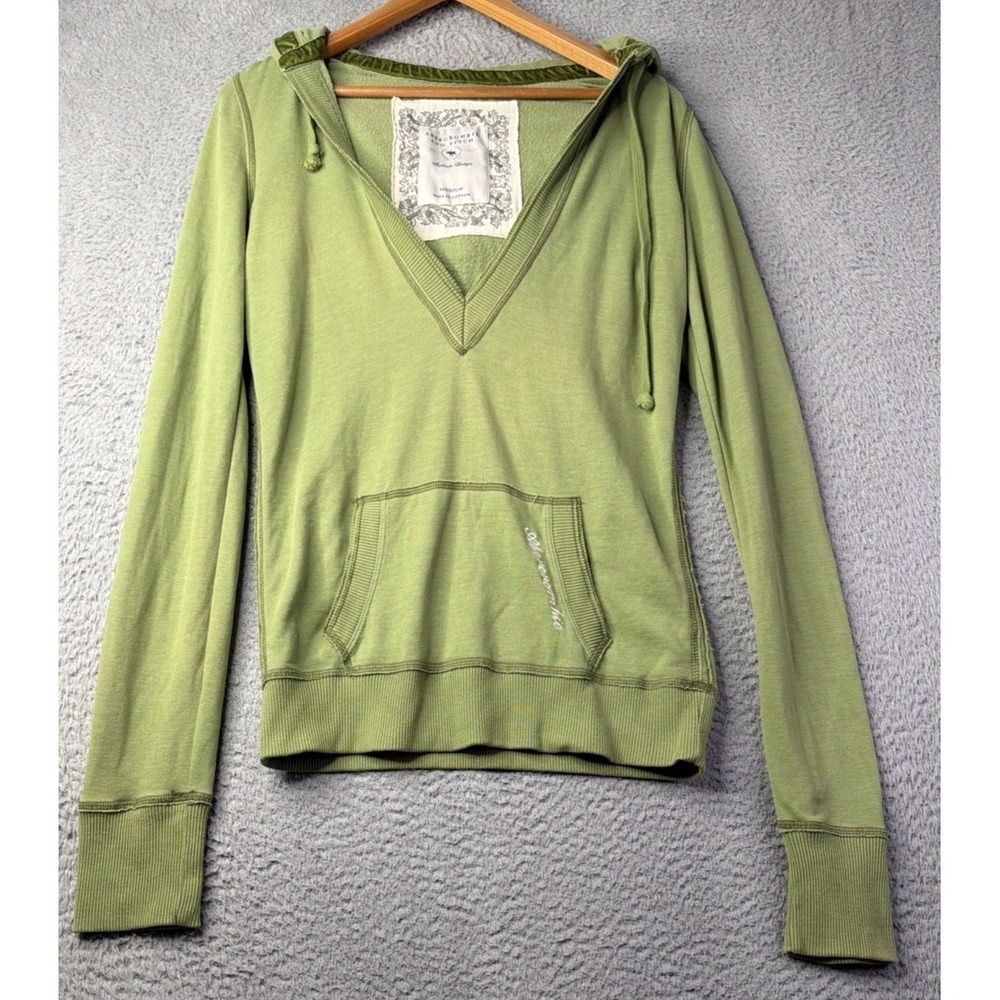 Abercrombie Fitch Hoodie Womens M Y2K Deep V Velvet Trim Green Fitted Bella Swan